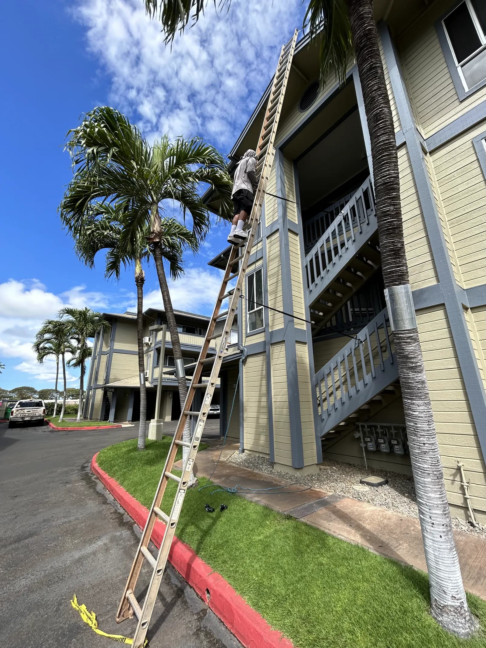 A Hawaii Ladder Assist crew member on an extension ladder beside a two-story building